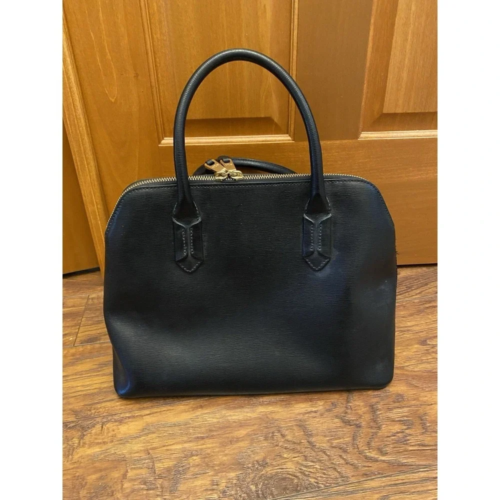 Lauren Ralph Lauren Purse Bag Satchel Black Leather Gold Monogram Zip Medium